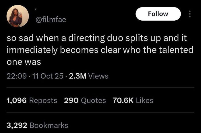 Tweet from @filmfae about a directing duo splitting up, highlighting movie and film industry memes with over 70K likes.