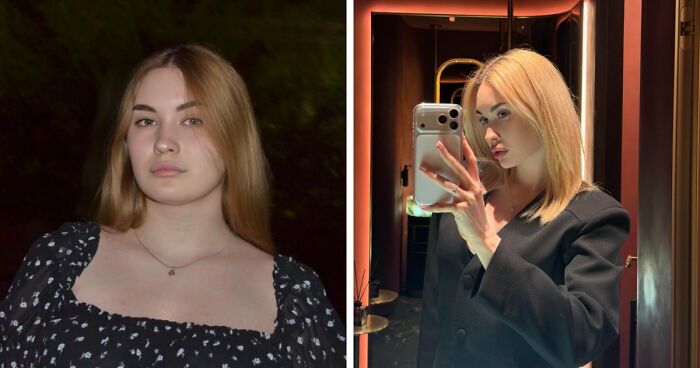 Side-by-side photo showing a dramatic transformation of a woman over three years, highlighting life-changing results.