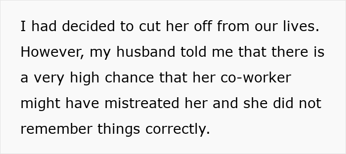 Text excerpt discussing a husband mentioning a chance that a co-worker mistreated someone and memory issues involved.