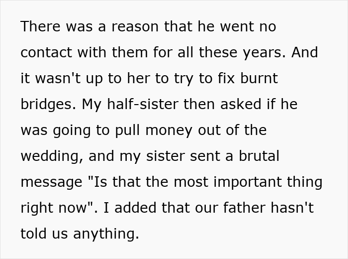 Text discussing a bride&rsquo;s regret after uncovering why her dad cut off his family before the wedding.