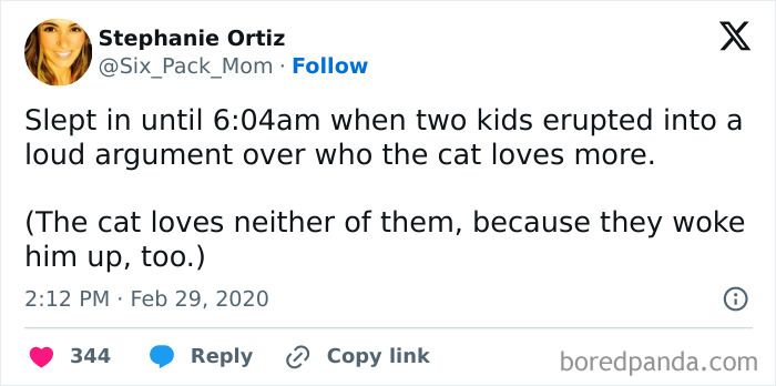 Tweet showing a humorous example of sibling rivalry with kids arguing over who the cat loves more early in the morning.