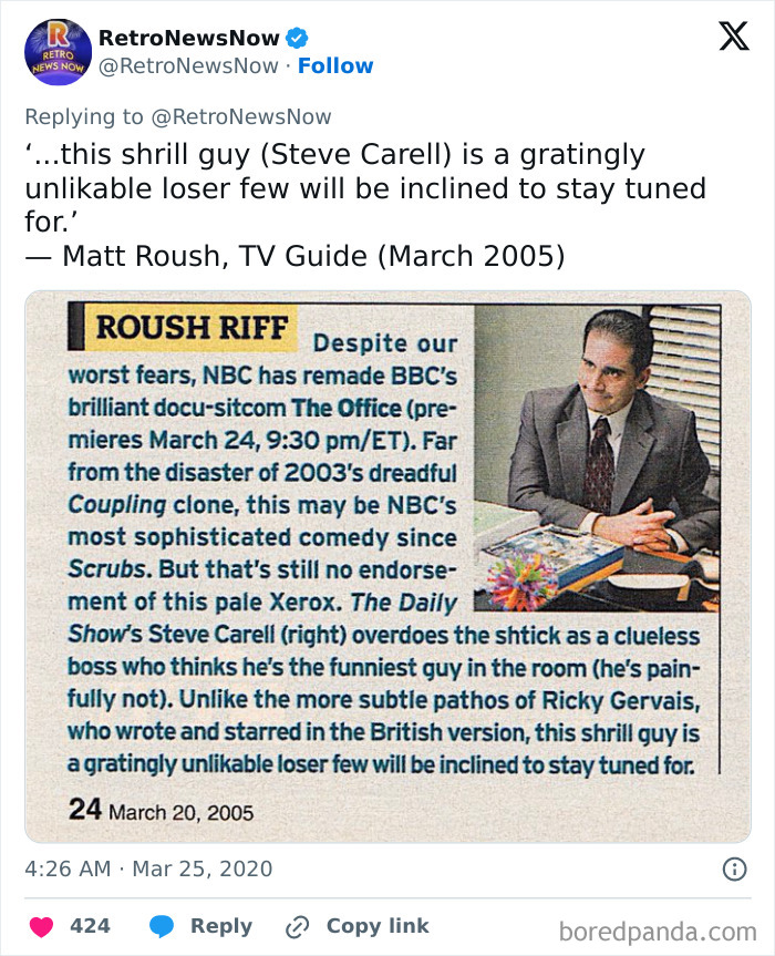 Old photo of a vintage TV guide review showing a critical take on Steve Carell’s character in the 2005 comedy series.