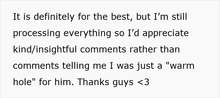 Text excerpt showing someone processing a breakup, highlighting romantic indifference and favorite foods notes.