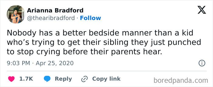 Tweet about sibling rivalry showing a kid's humorous way of comforting a sibling after a fight, capturing childhood moments.