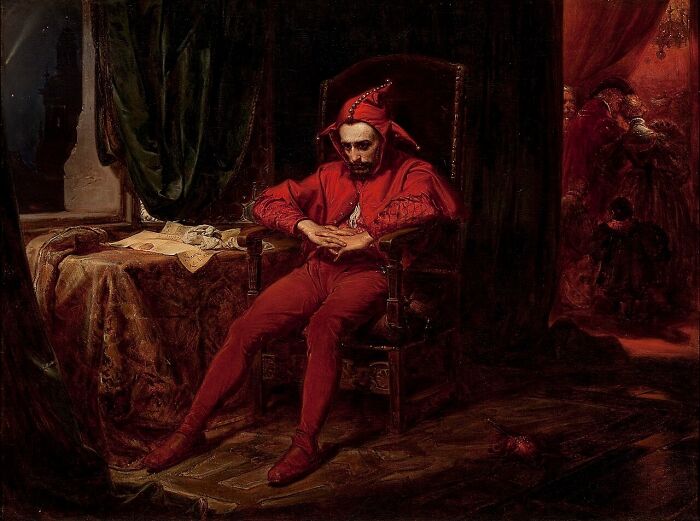 A painting of a gloomy jester in a red costume sitting thoughtfully in a dimly lit room representing body design flaws.