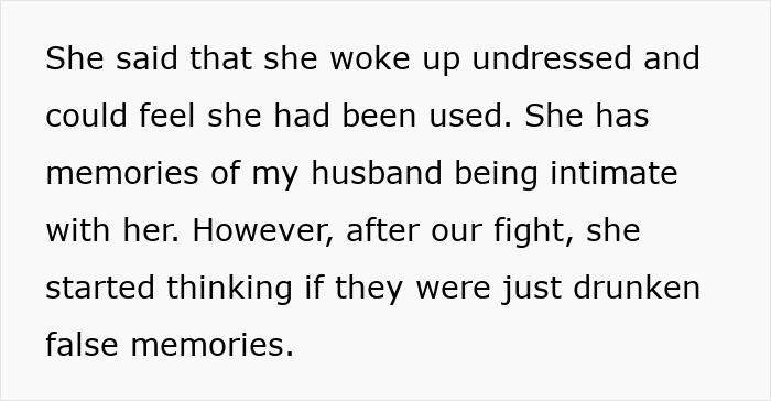 Text describing a wife&rsquo;s suspicions after seeing her husband shirtless and bestie naked following sounds of moaning.