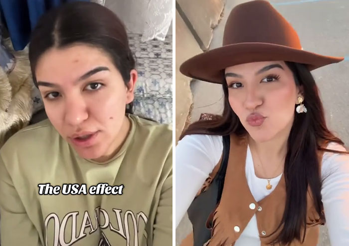 Before and after photos of a woman showing the America effect and how living in the US transformed her appearance and style.