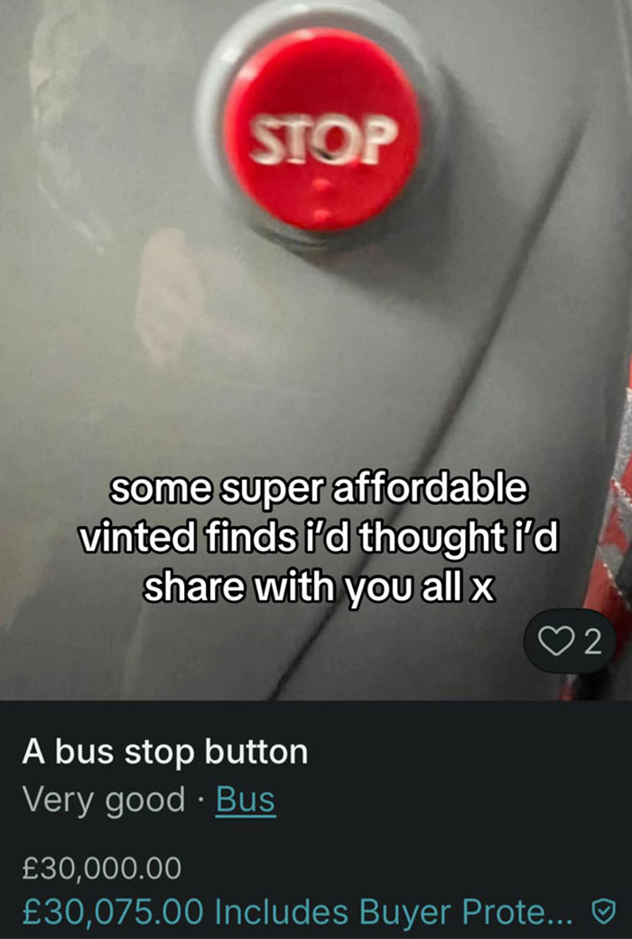 Red bus stop button listed on Vinted with humorous high price showcasing zero rules on Vinted listings.