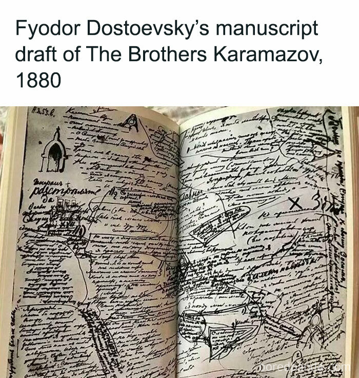 Manuscript draft of The Brothers Karamazov by Fyodor Dostoevsky, illustrating complex notes related to memes and existential crisis.