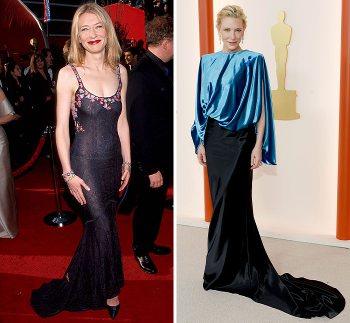 Actress at Oscars first appearance in floral dress compared to latest appearance in blue satin top and black gown.