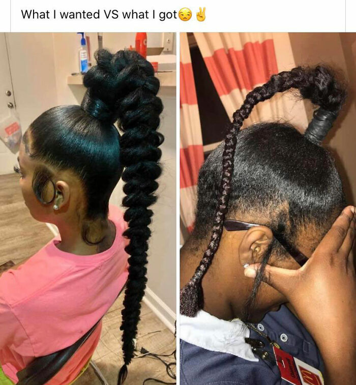 Side-by-side comparison showing hairstyle expectations versus reality with hairdresser mistakes traumatizing hair locks.