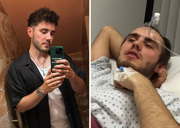 Young man taking a mirror selfie contrasted with a photo of him in a hospital bed, highlighting bizarre medical problems and mysteries.