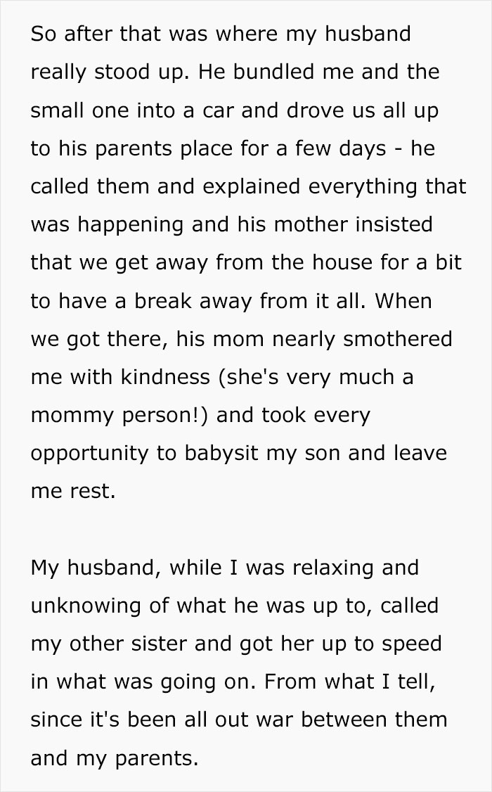 Text passage describing a husband supporting wife by taking her to his parents’ house amid family conflict after catching mom with fiancé.