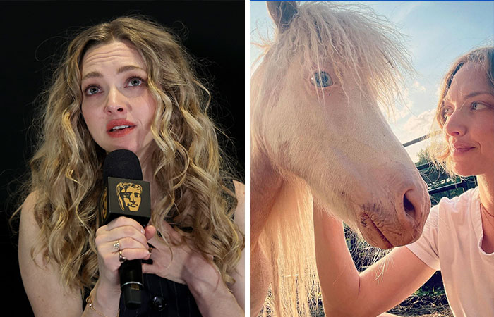 Actress with curly hair speaking at event and woman interacting with horse, illustrating morbid celebrity facts and stories.