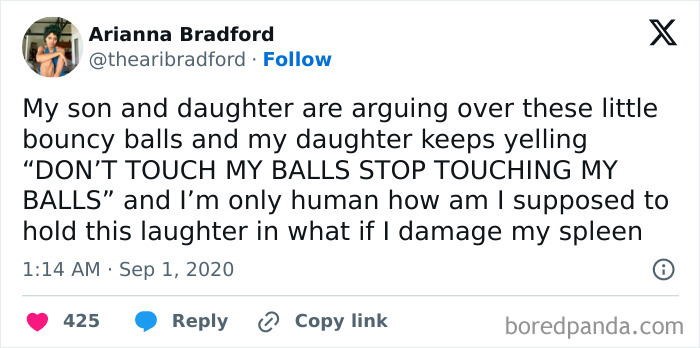 Screenshot of a tweet showing a humorous example of sibling rivalry with kids arguing over bouncy balls and laughing loudly.