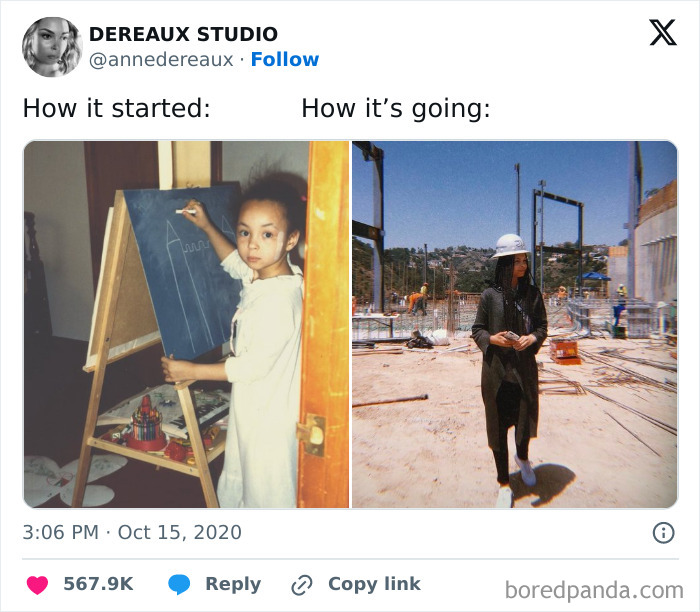 Young woman drawing on chalkboard beside her future self wearing a hard hat at a construction site, representing women in power tools and lab coats.