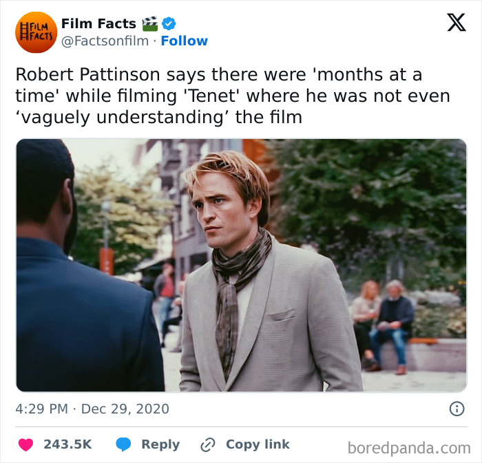 Tweet about Robert Pattinson struggling to understand the film Tenet, relatable movie and film industry memes for cinephiles.