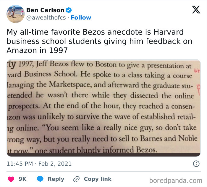 Old photo showing a highlighted book excerpt about Jeff Bezos and early business advice at Harvard in 1997.