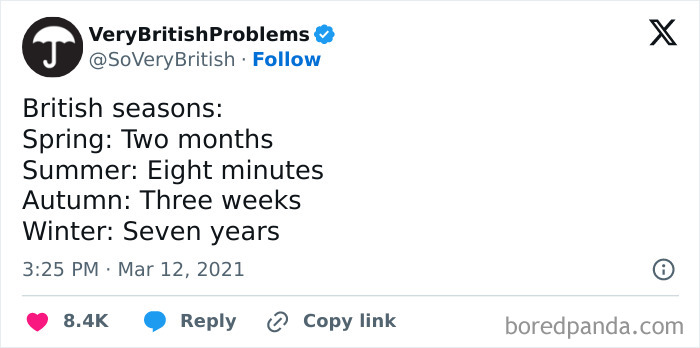 Tweet from VeryBritishProblems humorously describing British seasons with unique UK living experience and British culture references.
