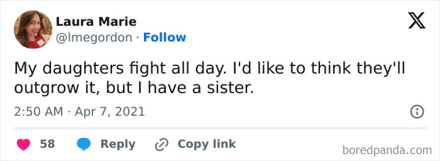Tweet about daughters fighting, highlighting the dynamics of adult sibling rivalry and family relationships. Tweet about daughters fighting, highlighting the dynamics of adult sibling rivalry and family relationships.