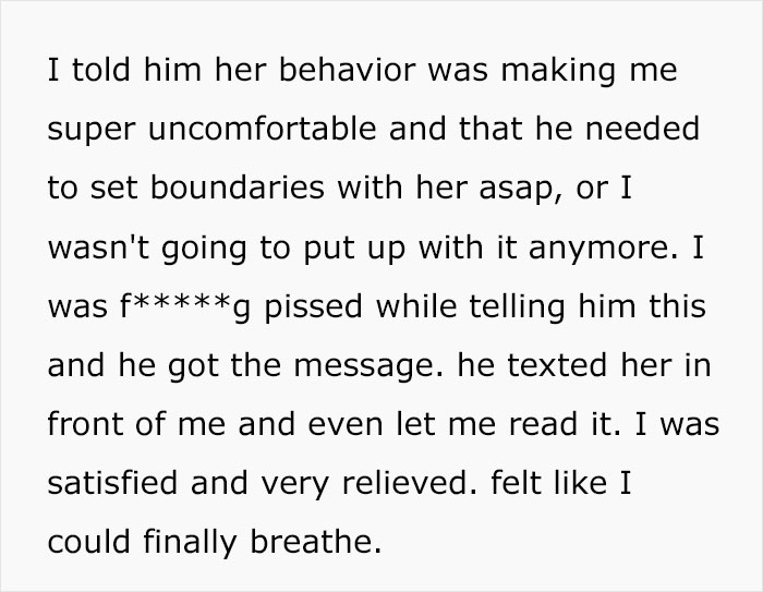 Text excerpt showing a woman expressing frustration about her boyfriend&rsquo;s female friend and setting boundaries to feel relieved.