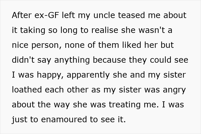 Text post describing family teasing after a breakup, highlighting emotions and family dynamics involving happiness and anger.