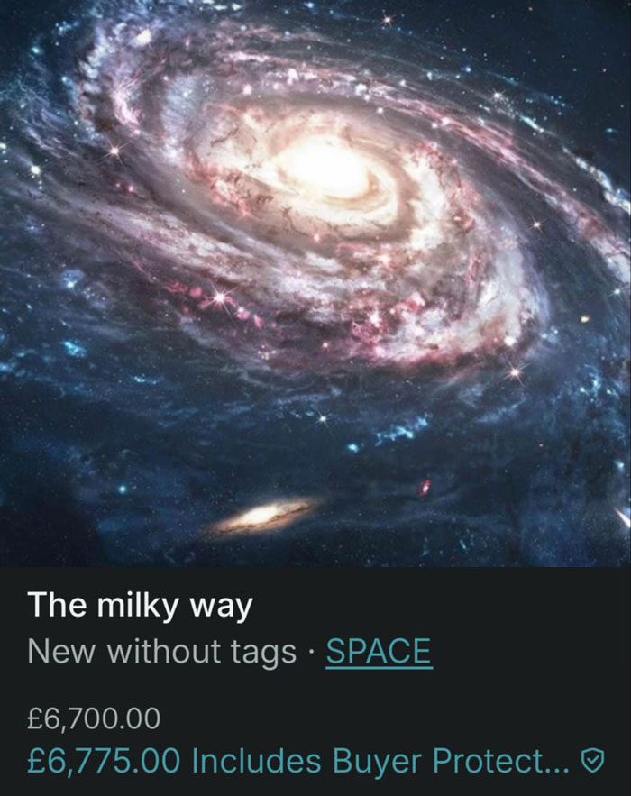 Listing for the Milky Way galaxy on Vinted showing hilarious zero rules in item listings and unusual product offers.