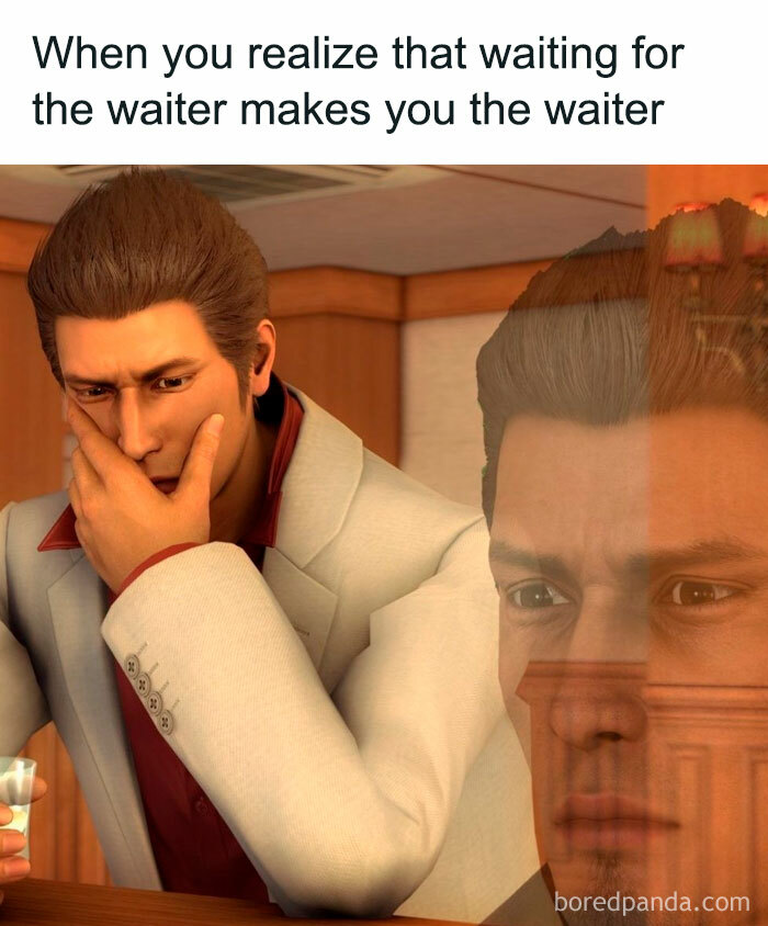 Man in white suit with hand on face looking pensive, reflecting existential memes that might cure or deepen crisis.