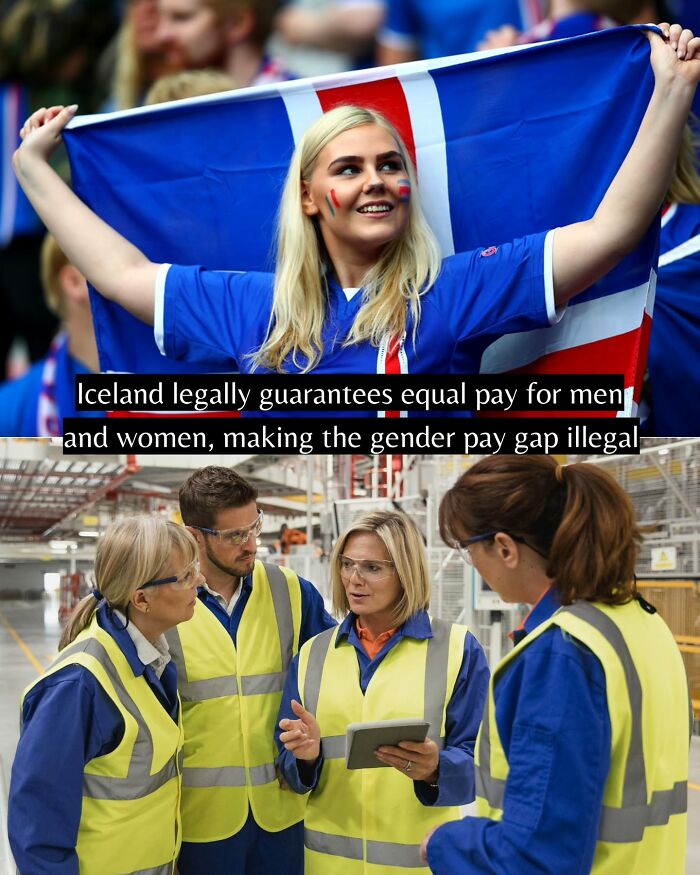Woman holding Iceland flag with face paint and group discussing equal pay at work, highlighting good news around the world.
