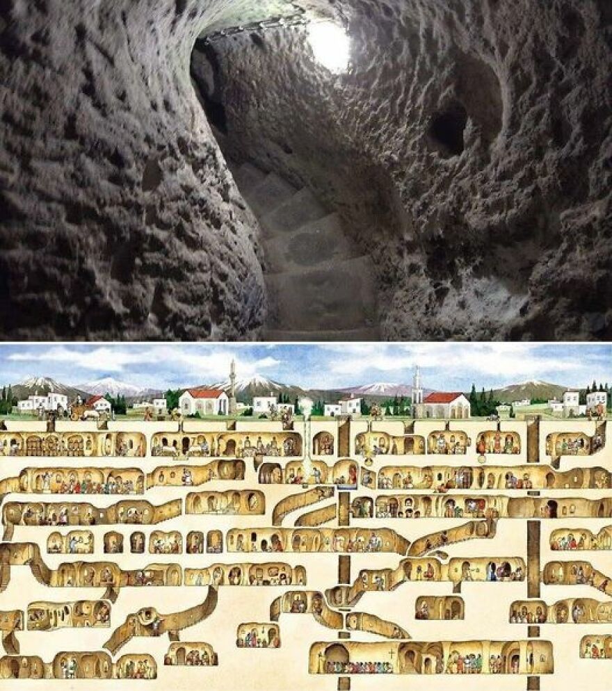 Underground cities with carved stone tunnels and a detailed illustration showing hidden subterranean living spaces.