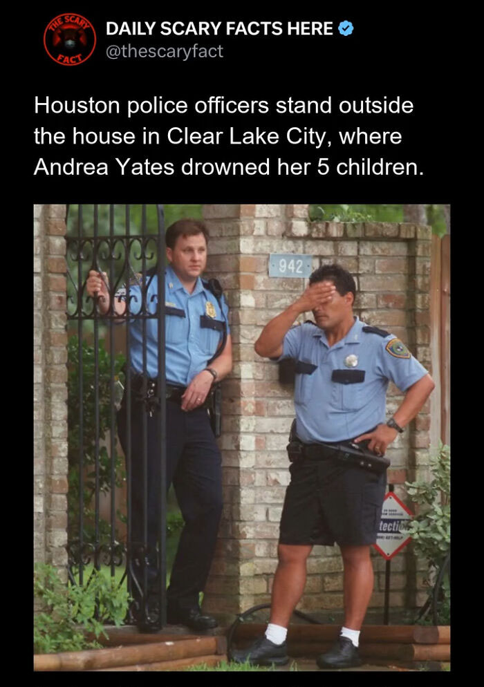 Two Houston police officers stand outside a house in Clear Lake City, related to a scary fact about a tragic event.
