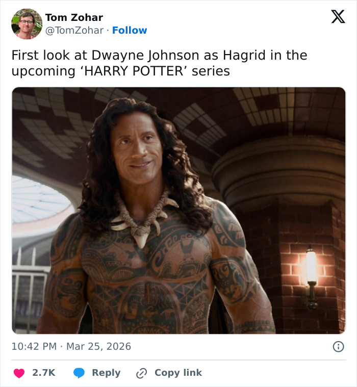 Dwayne Johnson as Hagrid in HBO Harry Potter series, showing a muscular, tattooed character with long hair indoors.