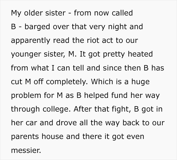 Text excerpt describing a woman cutting off parents after catching mom with fiancé and the resulting family conflict.