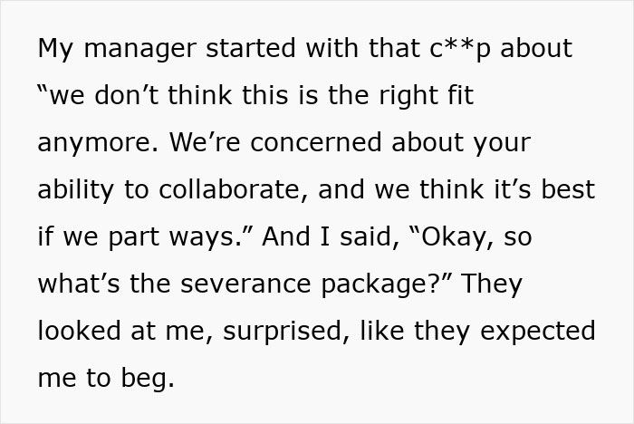 Text excerpt showing an employee refusing to train a new hire for free and HR shocked by resistance to firing. Text excerpt showing an employee refusing to train a new hire for free and HR shocked by resistance to firing.