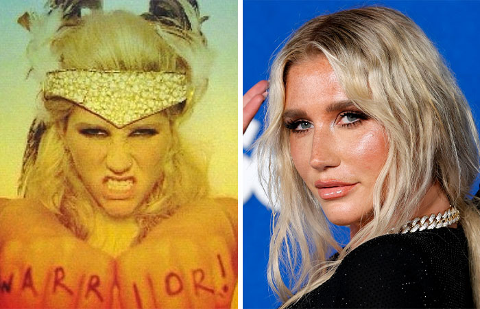 Split image showing a fierce woman with "Warrior" written on her arm and a blonde celebrity at a public event, highlighting morbid celebrity facts.