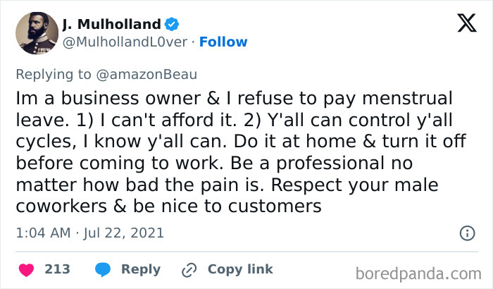 A tweet showing an example of people operating at 1 percent brain capacity with controversial menstrual leave views.