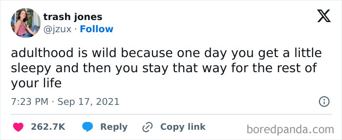 Tweet about adulthood humor reflecting on life's fleeting energy, featured in existential crisis memes collection.