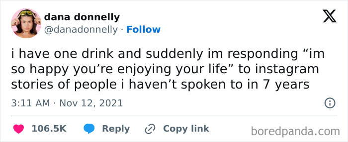 Funny and relatable meme tweet about responding to Instagram stories after one drink, showcasing random and ridiculous humor.