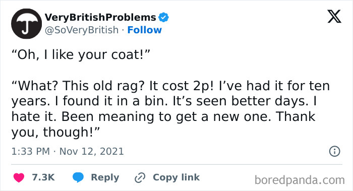 Tweet from VeryBritishProblems humorously showing unique UK living experiences through a conversation about an old coat.