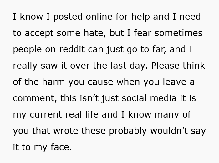 Text screenshot showing a woman’s message about fearing people’s online hate and the harm caused by comments. Text screenshot showing a woman’s message about fearing people’s online hate and the harm caused by comments.