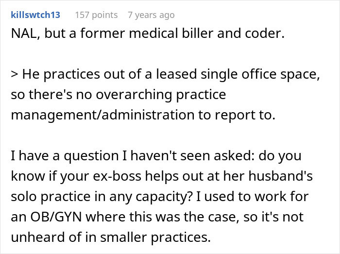 Screenshot of an online comment about therapist practices, revealing connections between coworkers and a boss's husband.