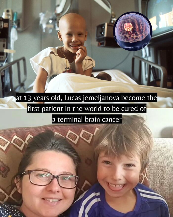 Smiling child cured of terminal brain cancer with supportive family, highlighting good news from around the world.