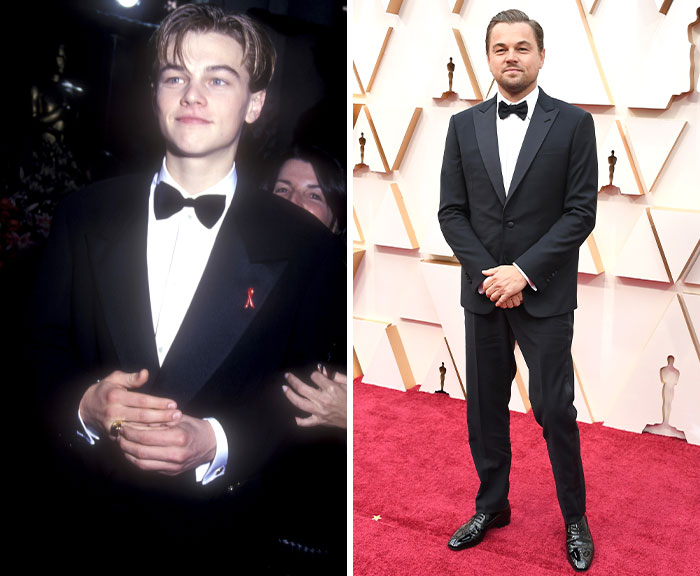 Side-by-side images of actor Leonardo DiCaprio at his first Oscars and his latest appearance in a tuxedo showing actor transformation.