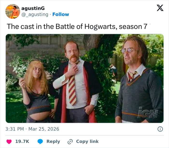 Three people in Hogwarts costumes posing outdoors, a humorous meme about HBO Harry Potter series fans' feelings.