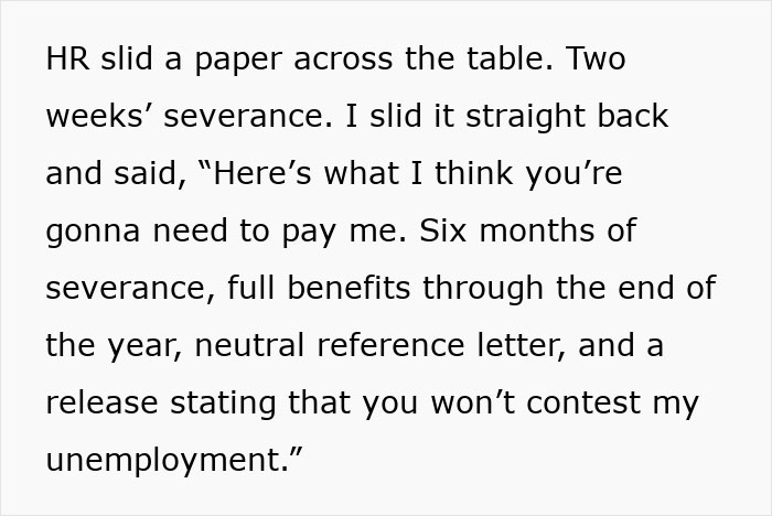 Text on a white background showing a conversation about severance and refusing to train a new employee for free. Text on a white background showing a conversation about severance and refusing to train a new employee for free.