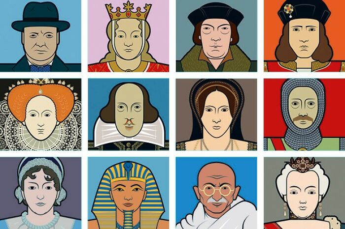 Illustrations of famous icons including Einstein, Mandela, and historical figures for a faces recognition challenge.