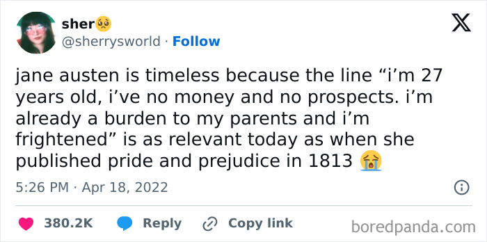 Tweet discussing a relatable Jane Austen quote about being 27, broke, and frightened, featured in funny and relatable memes.