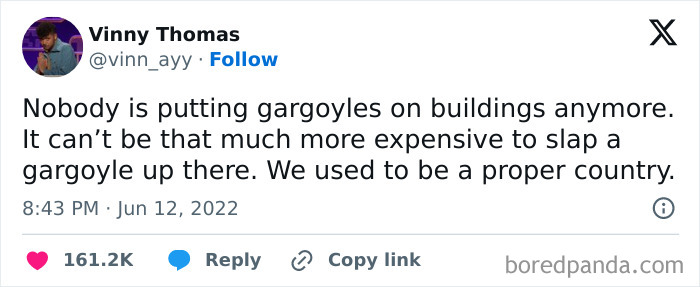 Tweet humor about gargoyles no longer being added to buildings, reflecting funny and relatable memes about random topics.