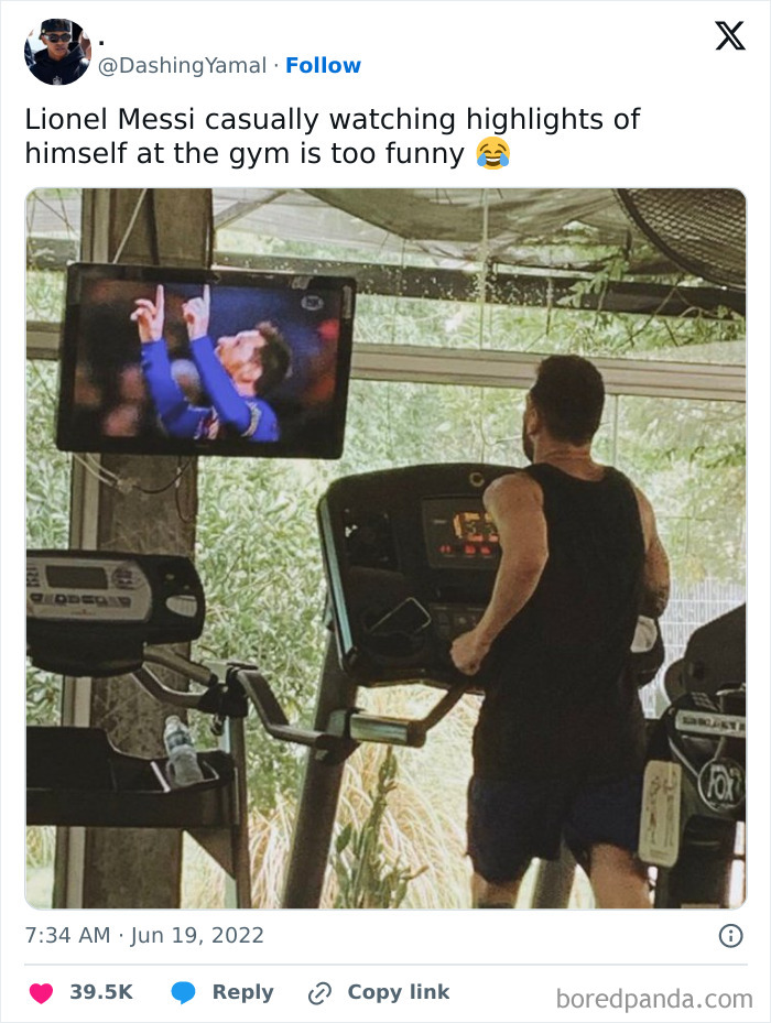 Man on treadmill watching sports highlights on TV at gym, a surprising gym moment fitting a Darwin Award contender.