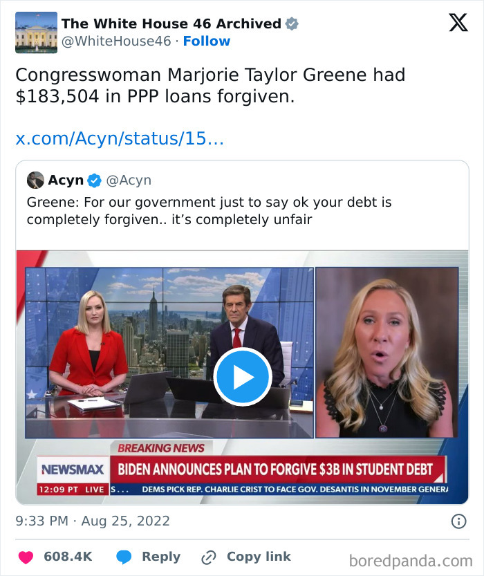 Tweet showing news anchors and Congresswoman Marjorie Taylor Greene discussing student debt forgiveness on social media.